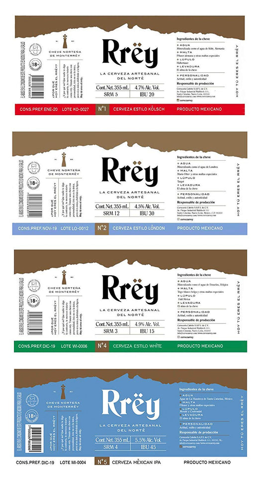 Cerveza Artesanal Rrëy Mix de Kolsch London White y Mexican IPA, Pack de 4 x 6 botellas x 355 mL
